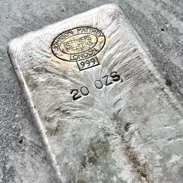 20oz.999 Silver Johnson Matthey London Poured bar Pretty Pour lines+Patina31 result