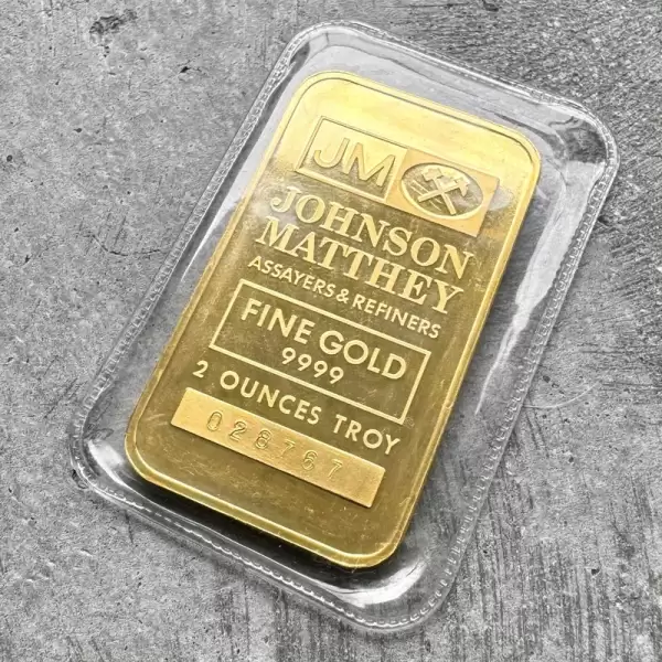 Vintage Johnson Matthey 2oz Gold struck Bar.9999 2oz Logo back20 result