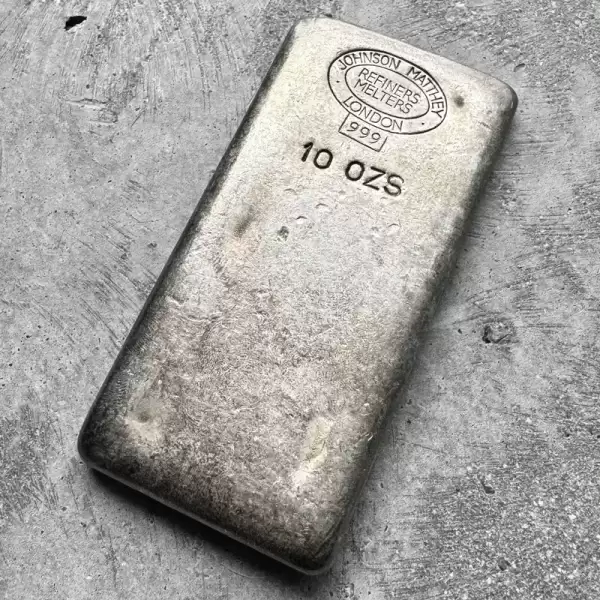 10oz Johnson Matthey London.999 Silver Poured bar70 result