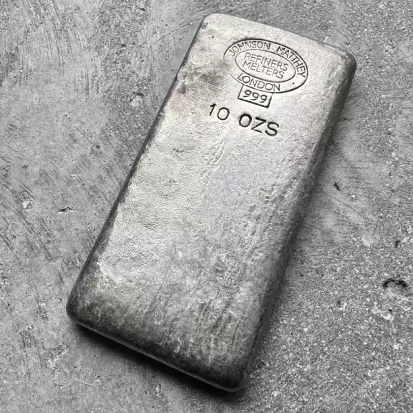 10oz Johnson Matthey London.999 Silver Poured bar90 result