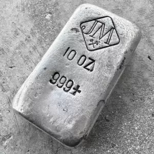 10oz Johnson Matthey.999 Silver Poured bar Large Logo50 result