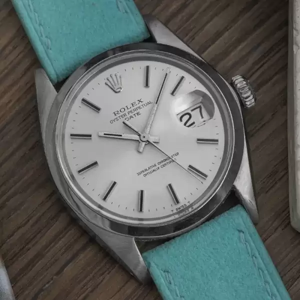 1970 Rolex Date 1500 Tiffany blue strap! Serviced11 result