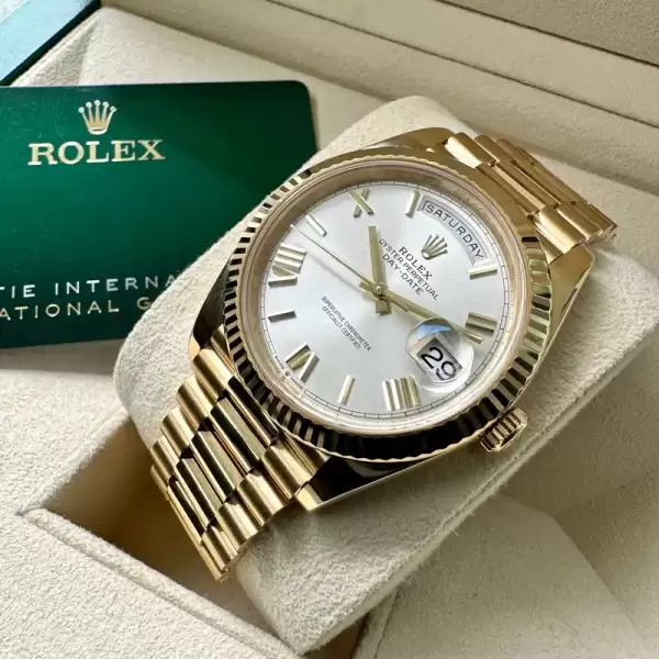 Rolex Yellow Gold President Roman Numeral Silver Dial 228238 Box Papers New Card60 result