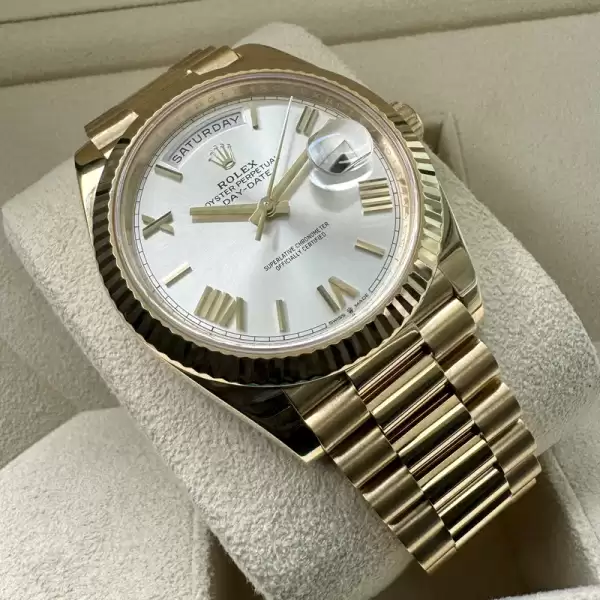 Rolex Yellow Gold President Roman Numeral Silver Dial 228238 Box Papers New Card62 result