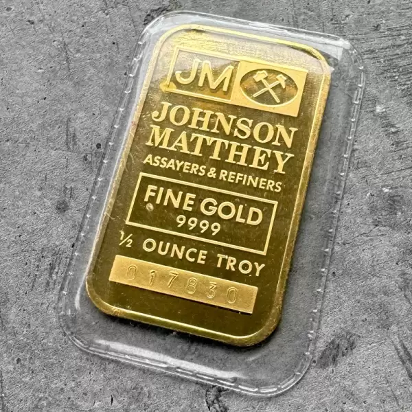 Johnson Matthey Logo back 1 2 oz Gold Bar Struck.9999+Sealed(2) result