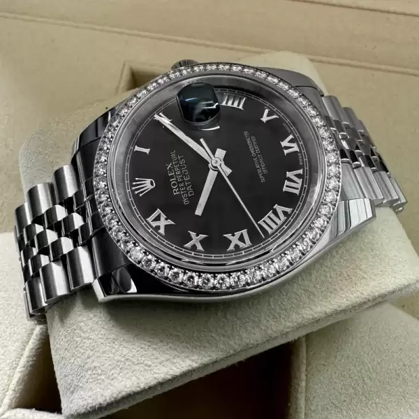 Rolex 36mm Datejust 116244 Black Roman Numeral Box Papers Factory Diamond Bezel11 result