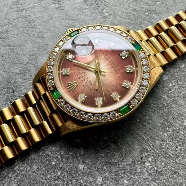 Unworn Ladies Rolex President Gold 69078 Diamond Dial Emerald Tropical Dial12 result