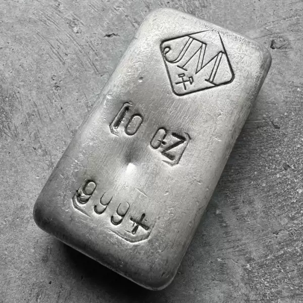 10 oz Johnson Matthey.999 Silver Poured bar Large Logo.20 result