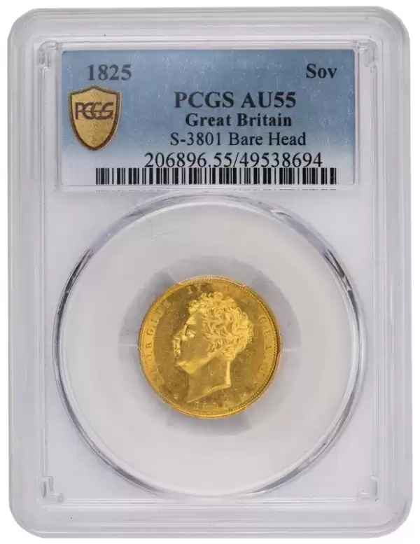 1825 Great Britain Bare Head Sovereign Gold Coin S 3801 PCGS AU 55 50 result