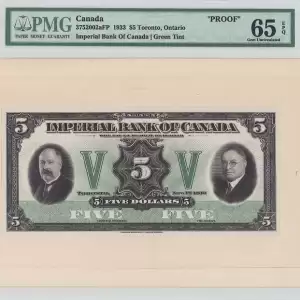 1933 $5 Imperial Bank of Canada Toronto Proof PMG 65 EPQ 80 result