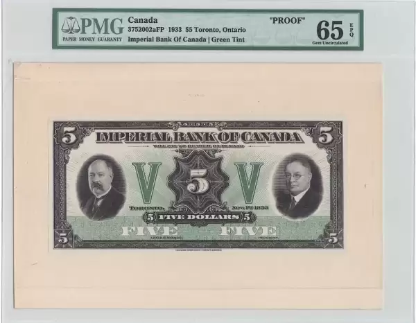 1933 $5 Imperial Bank of Canada Toronto Proof PMG 65 EPQ 80 result