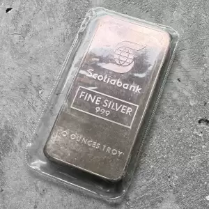 Vintage Johnson Matthey10oz.999 Silver bar Scotiabank Scotia Purple Patina.80 result