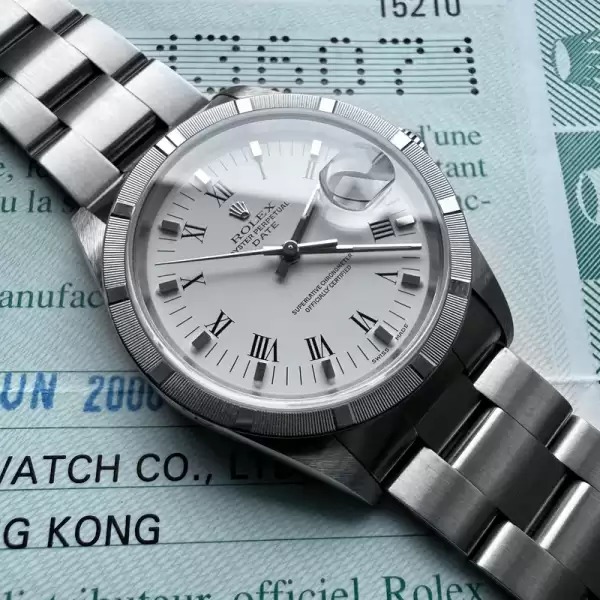 2000 Rolex Date 15210 White Dial Box Papers+Hang Tag Engine Turned Bezel 21 result