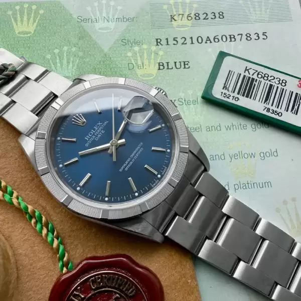 2002 rolex date 15210 blue dial box papers hang tag unpolished razor sharp 1