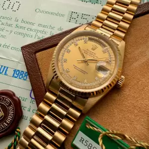 1988 rolex 36mm president gold 18038 box papers string diamond dial unpolished10