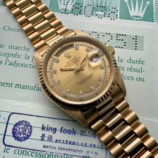 1988 rolex 36mm president gold 18038 box papers string diamond dial unpolished11