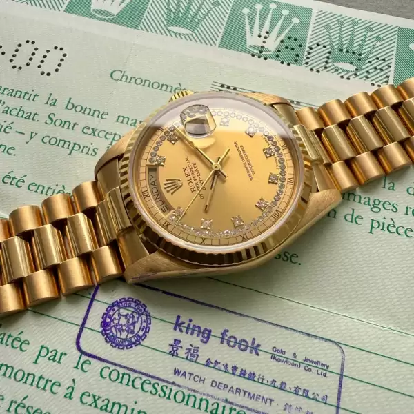 1988 rolex 36mm president gold 18038 box papers string diamond dial unpolished12