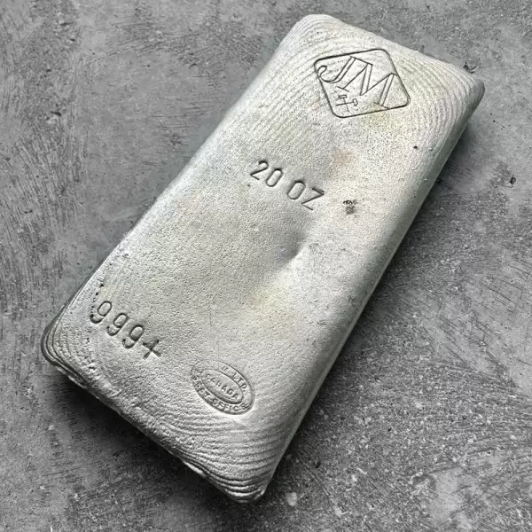 vintage 20oz johnson matthey poured silver bar with nice pour lines.1 result