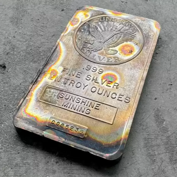 vintage sunshine mint 10 oz 999 silver bar with serial number rainbow toning.1 result