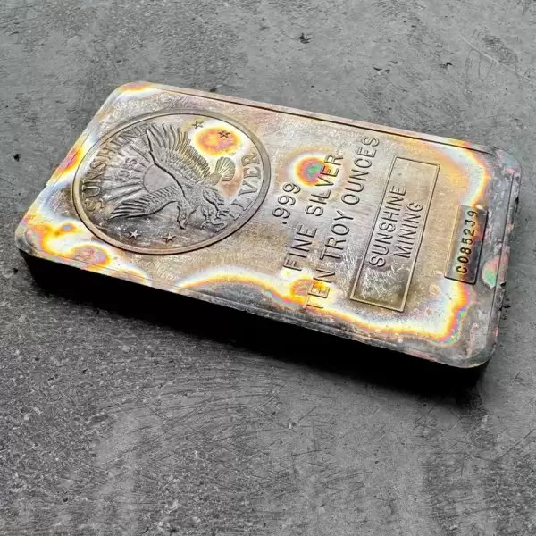 vintage sunshine mint 10 oz 999 silver bar with serial number rainbow toning.2 result